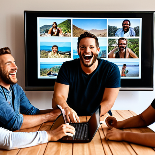 Home 4 **
A diverse group of digital nomads video conferencing, laughing and connecting. Emphasize the trust and camaraderie through their expressions. Background: various locations, showing their remote work lifestyle.
**